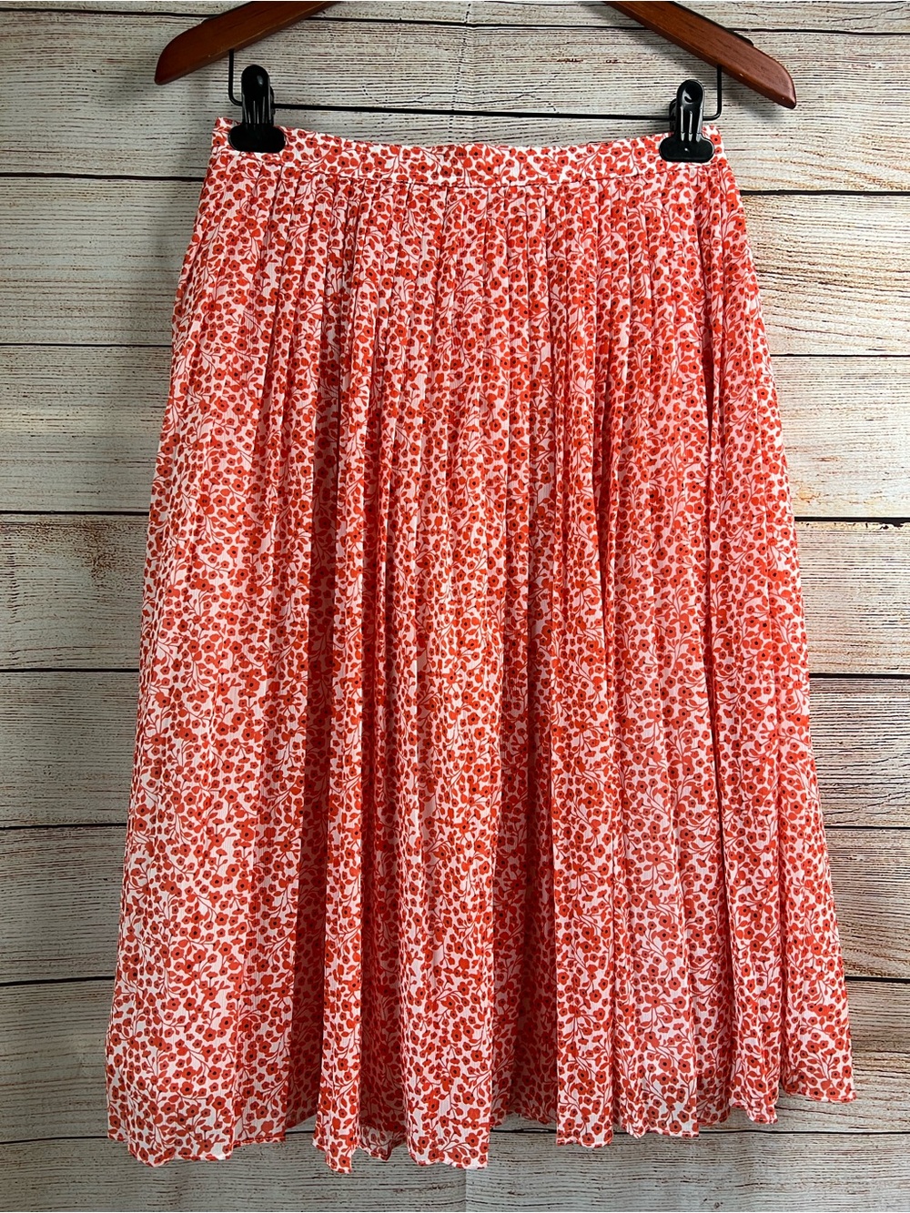 J Crew Pleated Poppy Floral Print Midi Skirt Sz 2 Chiffon Orange White VERY EXC